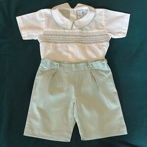 Boys White and Green Hand-Smocked Cotton Buster Suit